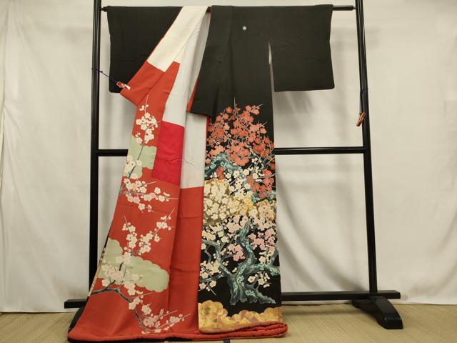 平和屋本店●お引きずり・お引き摺り・黒留袖　和装　結婚式　舞妓　芸妓　芸者　衣装　枝梅文　金銀彩　逸品　AABK2741ou