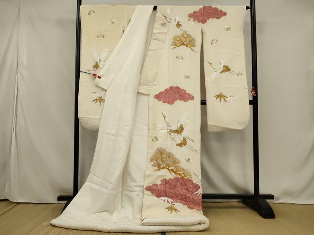 平和屋本店●色打掛　引き振袖　和装　婚礼　結婚式　花嫁　神社挙式　絞り　駒刺繍　飛鶴松文　金糸　金彩　逸品　AABK2745ou