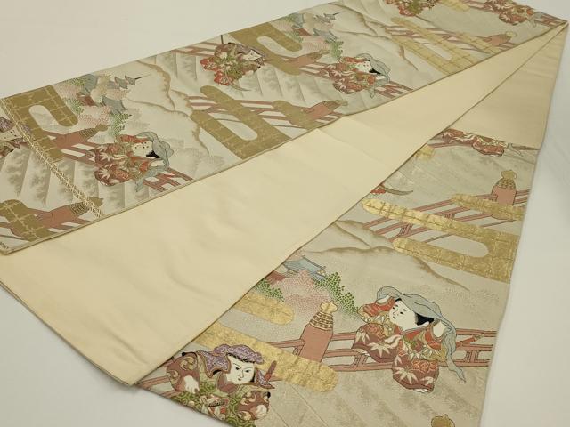 平和屋着物◎六通柄袋帯　唐織　渡橋人物風景文　金銀糸　正絹　逸品　AABK2750ou