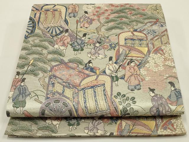 平和屋着物◎六通柄袋帯　唐織　桜下遊絵巻柄　金銀糸　正絹　逸品　未使用　AABK2754ou