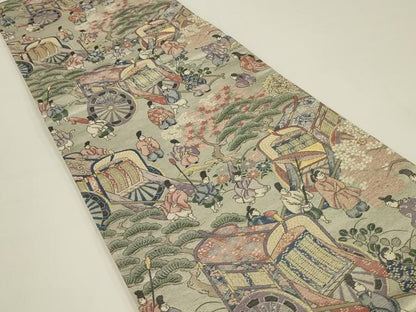 平和屋着物◎六通柄袋帯　唐織　桜下遊絵巻柄　金銀糸　正絹　逸品　未使用　AABK2754ou