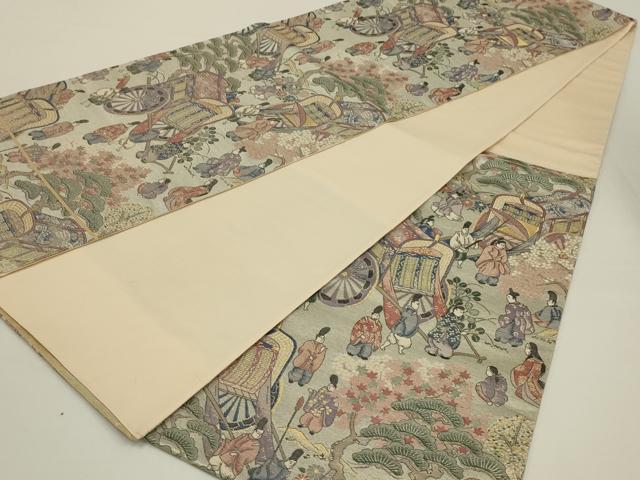 平和屋着物◎六通柄袋帯　唐織　桜下遊絵巻柄　金銀糸　正絹　逸品　未使用　AABK2754ou