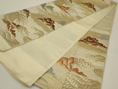 平和屋着物◎六通柄袋帯　立波文　金糸　正絹　逸品　AABK2758ou