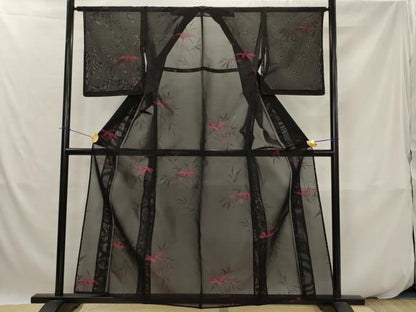 平和屋着物＊夏物　小紋　紗　笹の葉文　黒地　正絹　逸品　AABK2777st