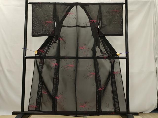 平和屋着物＊夏物　小紋　紗　笹の葉文　黒地　正絹　逸品　AABK2777st