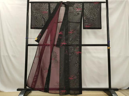 平和屋着物＊夏物　小紋　紗　笹の葉文　黒地　正絹　逸品　AABK2777st