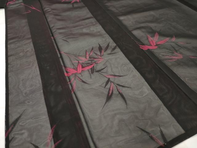 平和屋着物＊夏物　小紋　紗　笹の葉文　黒地　正絹　逸品　AABK2777st