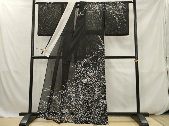 平和屋着物＊夏物　訪問着　絽　草花文　黒地　洗える着物　AABK2779st