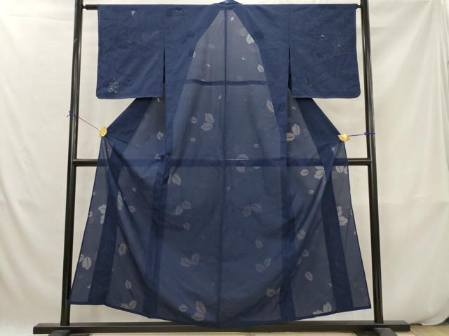 平和屋着物＊夏物　色無地　縦絽　舞葉紋紗　濃藍色　正絹　逸品　未使用　AABK2787st