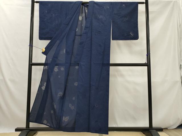 平和屋着物＊夏物　色無地　縦絽　舞葉紋紗　濃藍色　正絹　逸品　未使用　AABK2787st