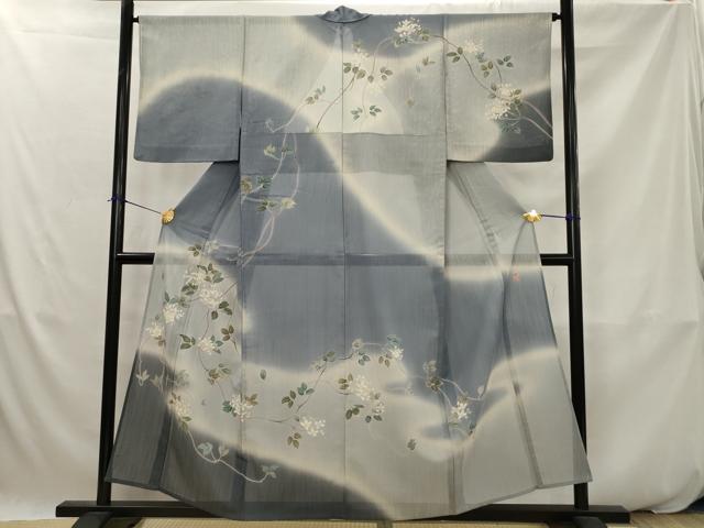 平和屋着物＊夏物　十日町　加賀草木友禅の第一人者　田村哲彦　訪問着　縦絽　枝花文　暈し染め　正絹　逸品　AABK2788st