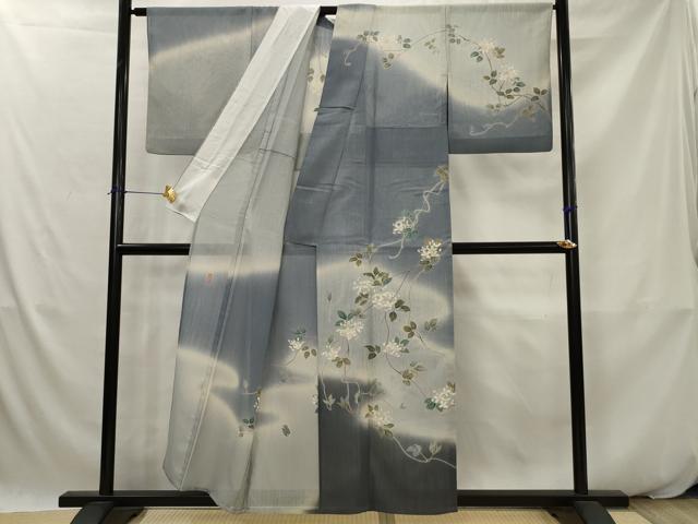 平和屋着物＊夏物　十日町　加賀草木友禅の第一人者　田村哲彦　訪問着　縦絽　枝花文　暈し染め　正絹　逸品　AABK2788st