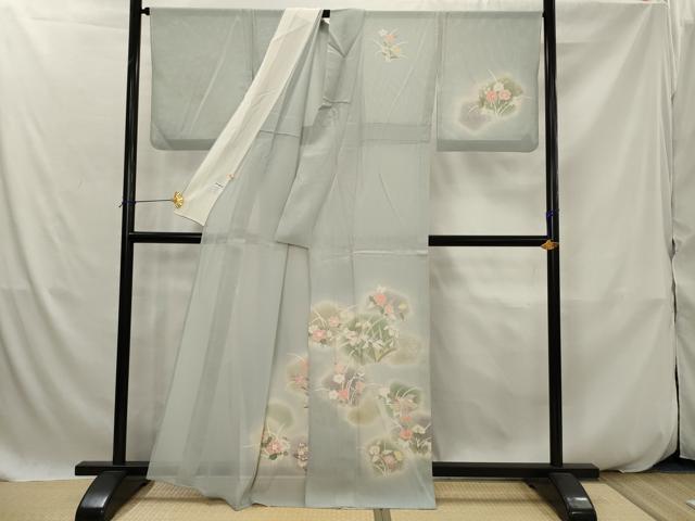 平和屋着物＊夏物　訪問着　絽　駒刺繍　草花文　銀彩　正絹　逸品　AABK2790st