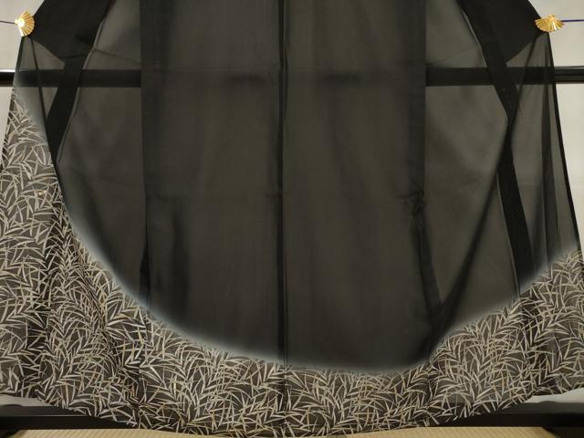 平和屋着物＊夏物　訪問着　紗　刺繍　草葉文　蛍　暈し染め　黒地　金彩　正絹　逸品　AABK2793st