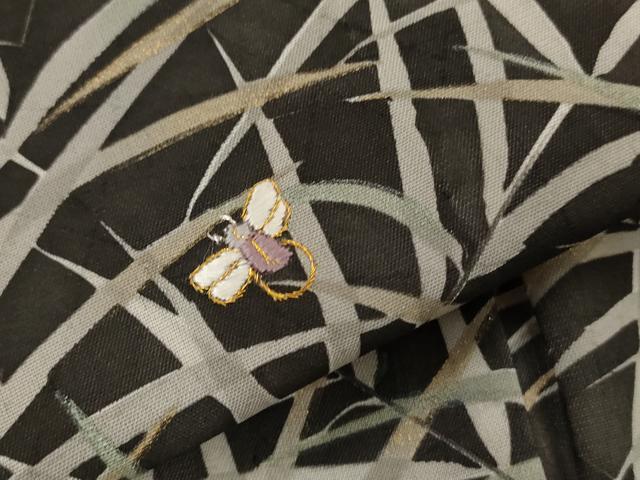 平和屋着物＊夏物　訪問着　紗　刺繍　草葉文　蛍　暈し染め　黒地　金彩　正絹　逸品　AABK2793st