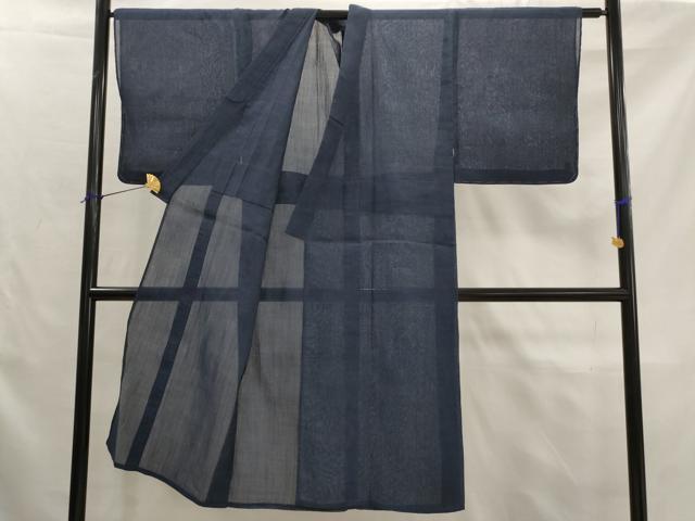 平和屋着物＊夏物　男性　本場小千谷ちぢみ　青褐色　反端付き　麻　逸品　未使用　AABK2808st