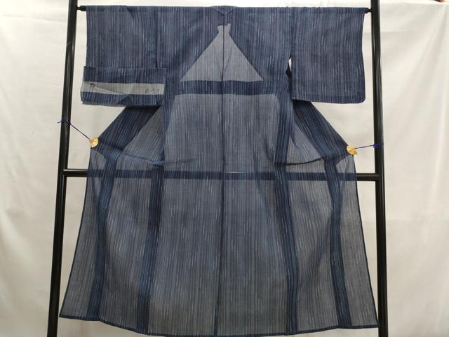 平和屋着物＊夏物　矢代仁　本場小千谷ちぢみ　縞　反端付き　麻　逸品　未使用　AABK2809st