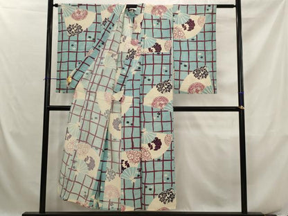 平和屋着物＊夏物　アンティーク　大正ロマン　小紋　絽　扇面花文　銀彩　正絹　逸品　AABK2839st