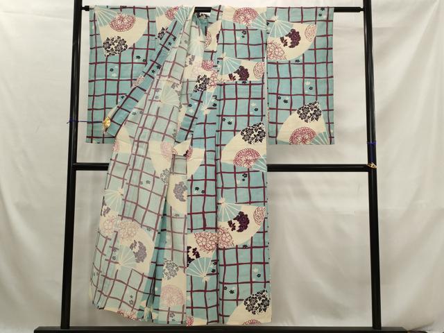 平和屋着物＊夏物　アンティーク　大正ロマン　小紋　絽　扇面花文　銀彩　正絹　逸品　AABK2839st