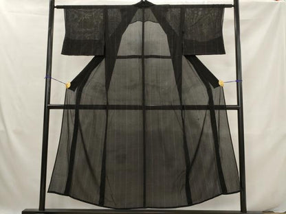 平和屋着物＊夏物　小紋　絽縮緬　縞　黒地　正絹　逸品　AABK2915st