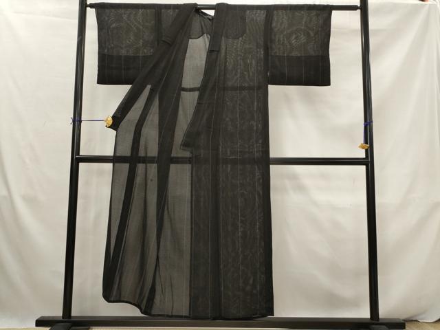 平和屋着物＊夏物　小紋　絽縮緬　縞　黒地　正絹　逸品　AABK2915st