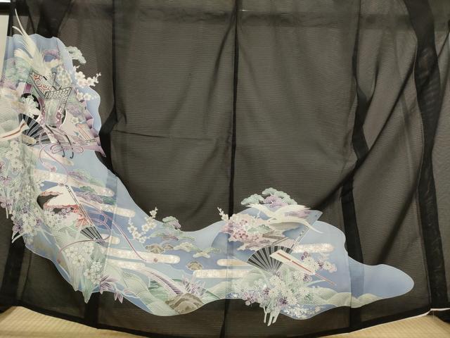 平和屋着物＊夏物　黒留袖　絽　扇飛鳥梅松文　金銀彩　洗える着物　AABK2921st