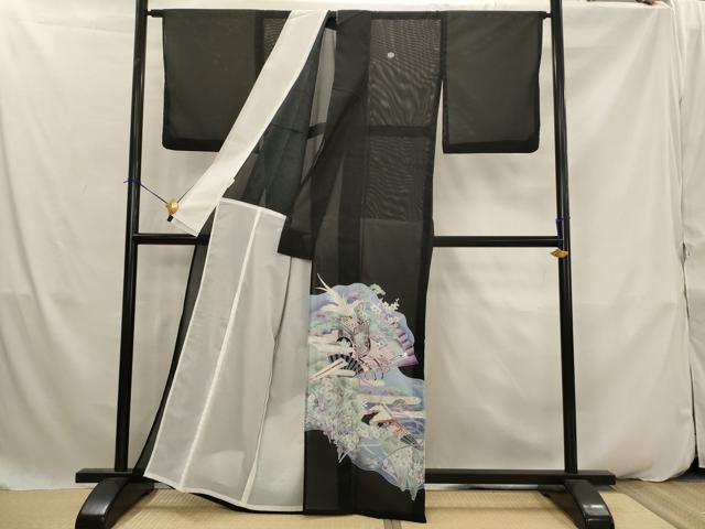 平和屋着物＊夏物　黒留袖　絽　扇飛鳥梅松文　金銀彩　洗える着物　AABK2921st