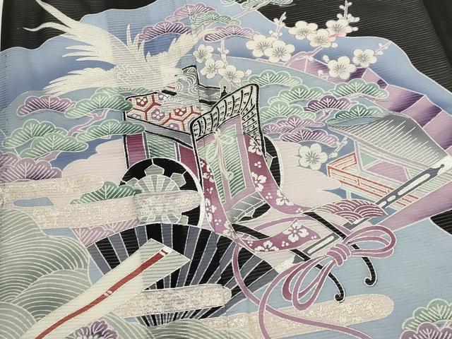 平和屋着物＊夏物　黒留袖　絽　扇飛鳥梅松文　金銀彩　洗える着物　AABK2921st
