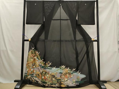平和屋着物＊夏物　黒留袖　絽　御所車飛鶴花松文　暈し染め　金彩　洗える着物　AABK2933st