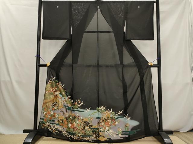 平和屋着物＊夏物　黒留袖　絽　御所車飛鶴花松文　暈し染め　金彩　洗える着物　AABK2933st