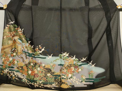 平和屋着物＊夏物　黒留袖　絽　御所車飛鶴花松文　暈し染め　金彩　洗える着物　AABK2933st