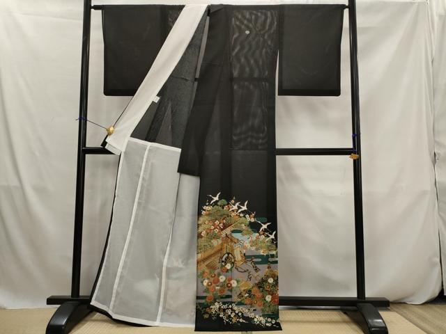 平和屋着物＊夏物　黒留袖　絽　御所車飛鶴花松文　暈し染め　金彩　洗える着物　AABK2933st
