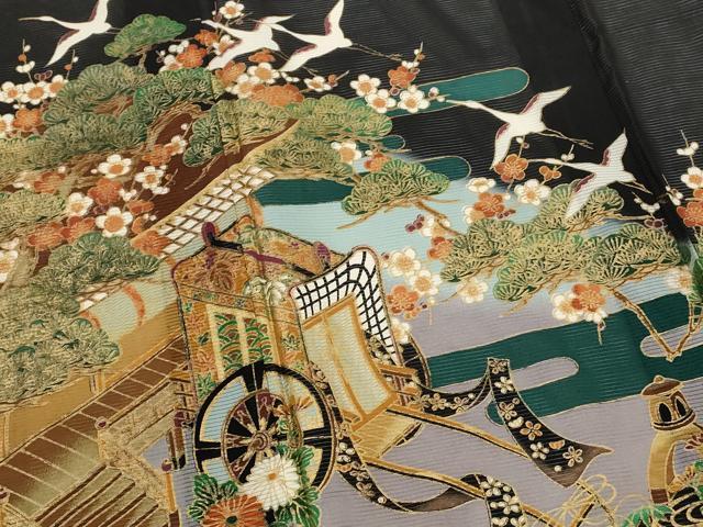平和屋着物＊夏物　黒留袖　絽　御所車飛鶴花松文　暈し染め　金彩　洗える着物　AABK2933st