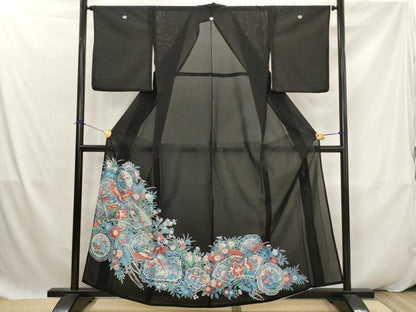 平和屋着物＊夏物　黒留袖　絽　地紙飛鳥花文　銀彩　洗える着物　AABK2934st