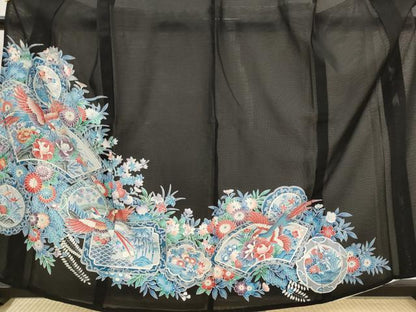 平和屋着物＊夏物　黒留袖　絽　地紙飛鳥花文　銀彩　洗える着物　AABK2934st