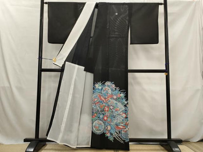 平和屋着物＊夏物　黒留袖　絽　地紙飛鳥花文　銀彩　洗える着物　AABK2934st