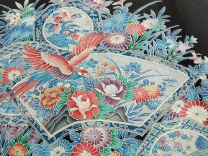 平和屋着物＊夏物　黒留袖　絽　地紙飛鳥花文　銀彩　洗える着物　AABK2934st