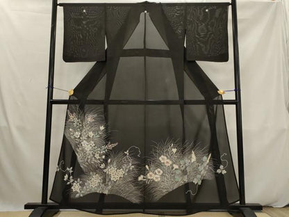 平和屋着物＊夏物　黒留袖　絽　草花文　金銀彩　銀糸　正絹　逸品　AABK2938st
