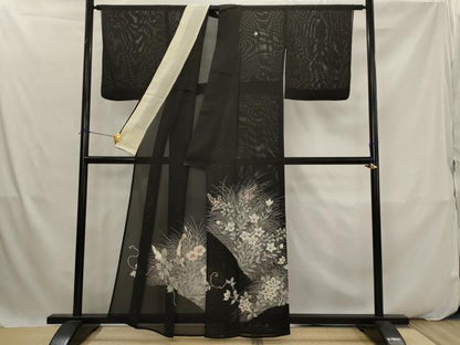 平和屋着物＊夏物　黒留袖　絽　草花文　金銀彩　銀糸　正絹　逸品　AABK2938st
