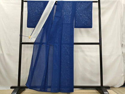 平和屋着物＊夏物　小紋　絽　流水紋紗　紺色　洗える着物　AABK2957st