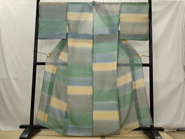 平和屋着物＊夏物　小紋　浴衣兼用　紗　絹紅梅　横段文　暈し染め　絹綿　逸品　AABK2985st