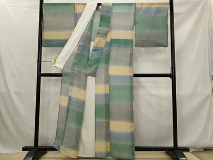 平和屋着物＊夏物　小紋　浴衣兼用　紗　絹紅梅　横段文　暈し染め　絹綿　逸品　AABK2985st