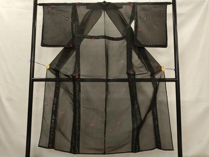 平和屋着物＊夏物　小紋　紗　流水草花文　黒地　正絹　逸品　未使用　AABK2991st