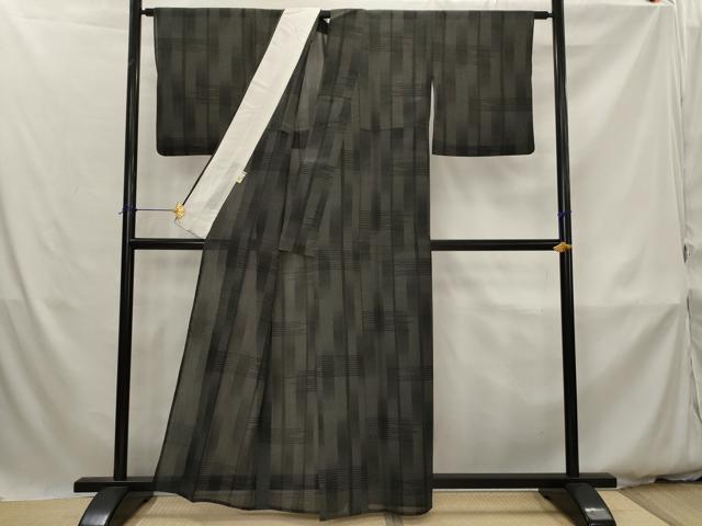 平和屋着物＊夏物　本塩沢　夏塩沢　110亀甲　変わり間道　黒地　正絹　逸品　AABK3010st