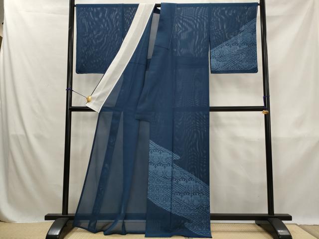 平和屋着物＊夏物　訪問着　絽　藍　型染め　更紗花文　正絹　逸品　未使用　AABK3024st