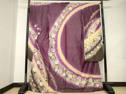 平和屋着物●豪華振袖　辻が花　舞花文　暈し染め　金通し地　ロング丈　正絹　逸品　AABK3043ck