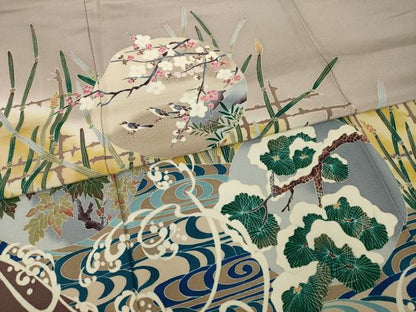 平和屋着物●豪華色留袖　友禅　作家物　流水花鳥文　正絹　逸品　AABK3046ck