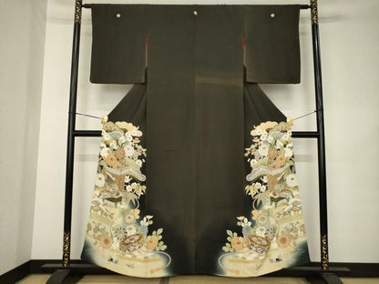 平和屋着物●アンティーク　大正ロマン　黒留袖　貝桶花文　両褄　正絹　逸品　AABK3047ck