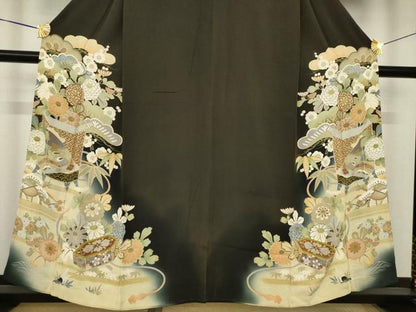 平和屋着物●アンティーク　大正ロマン　黒留袖　貝桶花文　両褄　正絹　逸品　AABK3047ck