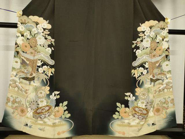 平和屋着物●アンティーク　大正ロマン　黒留袖　貝桶花文　両褄　正絹　逸品　AABK3047ck
